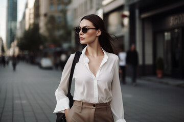 Confident Brunette in Black Glasses, Businesswoman Walking on City Street, Close-up Generative AI.