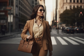 Obraz premium Fashionably Dressed Businesswoman Walking in City on Street, Close-up. Generative AI.