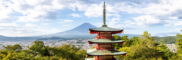 View of mount Fuji with Chureito Pagoda at Arakurayama Sengen Park panorama in Japan
