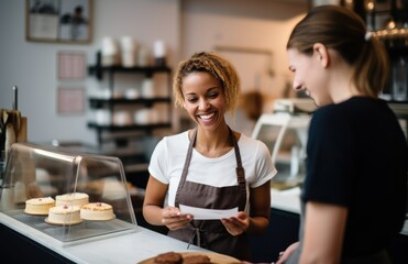 Smiling female baker, who's also the shop owner, offering exemplary customer service as she hands a customer their order in her retail store