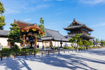 Entrance to Buddhist Higashi Hongan-ji Monastery Temple in the historical old town of Kyoto in Japan