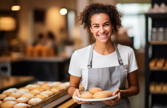 Smiling female baker, who's also the shop owner, offering exemplary customer service as she hands a customer their order in her retail store