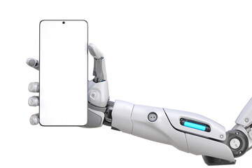 Futuristic android robot arm holding a smart phone - 679634871