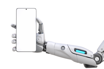 Futuristic android robot arm holding a smart phone