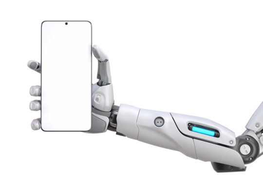 Futuristic android robot arm holding a smart phone - Powered by Adobe