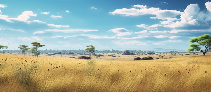 Beautiful savanna grass on sunny day view. AI generated image