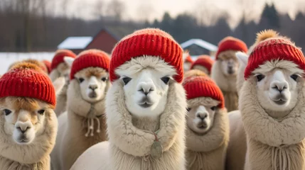 Fotobehang Alpacas on the farm. A herd of alpacas wearing hats in winter. © Анастасия Козырева
