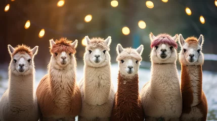 Raamstickers Alpacas on the farm. A herd of alpacas on a farm for Christmas. © Анастасия Козырева