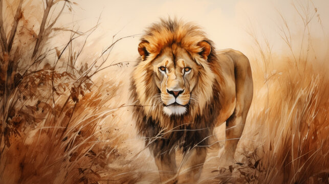 Lion walking in the savannah. Watercolor painting