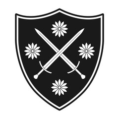 Shield and sword crossed and flowers icon. Coat of arms symbol. heraldry logo sign. Vector illustration image.