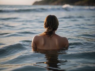Fototapeta premium Close up portrait of beautiful young woman with red hair in tight white dress on the sunset beach.
