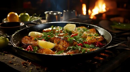 Fish with vegetables in a frying pan on the background on fireplace