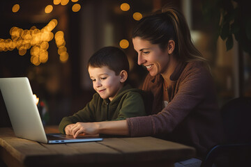 A mother sits beside her son, guiding him through his online classes on a laptop, adapting to new learning methods