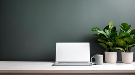Fototapeta premium realistic image of desktop with laptop minimalistic style in modern office