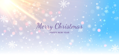 Banner merry christmas light ray with lighting effect and bokeh on purple background.