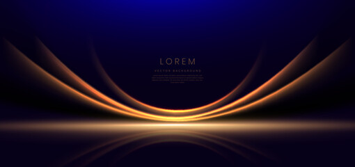 Abstract glowing gold curved element on dark blue background. Luxury design style. - obrazy, fototapety, plakaty