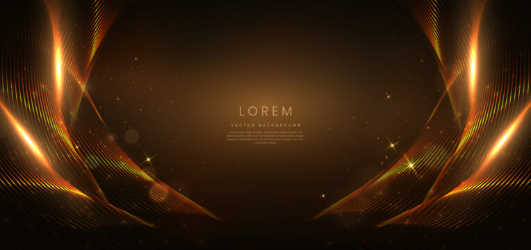 Abstract luxury golden curved lines overlapping on dark brown background with lighting effect and sprkle.