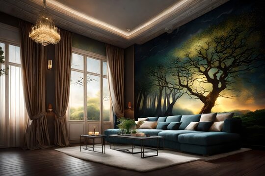 give me the title for the image of interior room decoration with sofa set and cushion placed on the sofa with its back large wall has 3 d design of