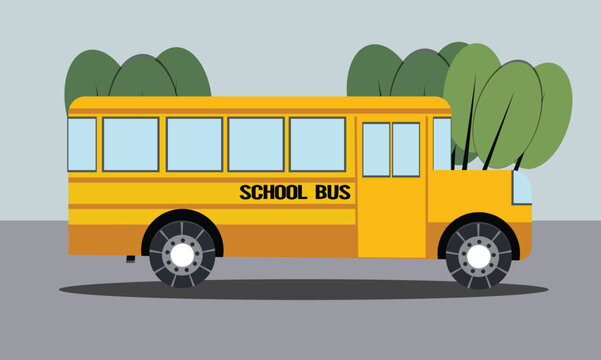 School bus Vector. school bus in street. Vector flat illustration.