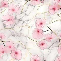 Elegant floral seamless pattern with pink blossoms and golden accents on a white marble texture, sophisticated for luxury designs