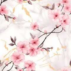 Elegant floral seamless pattern with pink blossoms and golden accents on a white marble texture, sophisticated for luxury designs