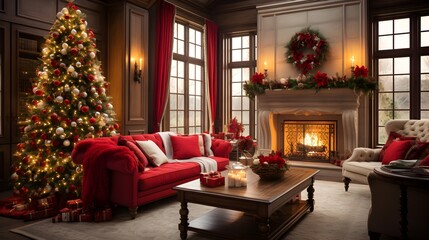 Fototapeta na wymiar Warm and cozy modern living room with festive decor and a Christmas tree