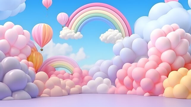 A whimsical 3D illustration of colorful hot air balloons flying among fluffy clouds with a vibrant rainbow