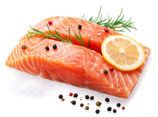 Salmon, fresh salmon fillet slices with herbs isolated on white background.