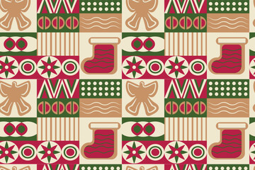Seamless vector pattern with Christmas cookies in the form of a Christmas stocking and an angel with geometric shapes. Modern pattern. Suitable for gift wrapping, backgrounds and prints.