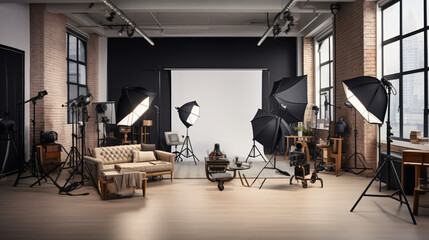 Interior of professional photo studio with modern equipment