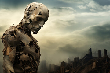 biomechanical disintegrating robot in form of human against the background of post apocalyptic landscape, with destroyed buildings and gloomy environment - obrazy, fototapety, plakaty