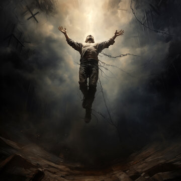a man rises up to the sky, out of the ground, breaking away from chains and roots, dark dramatic background
