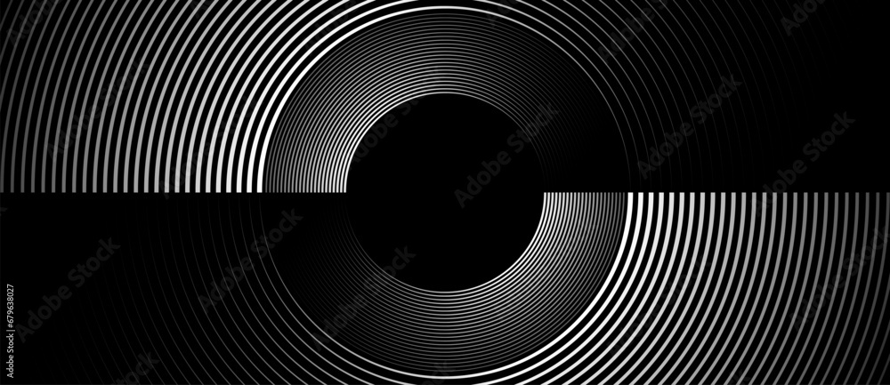 Poster Dark landing page template with white lines in circle. Abstract creative background with art lines.