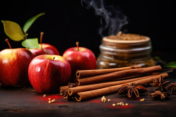 Cinnamon sticks,apples and star anise on wooden table background. Aromatic winter spices