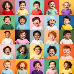 Collection of young laughing children or kids and babies background group of multicultural people square - obrazy, fototapety, plakaty