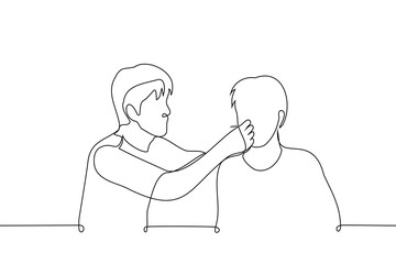 man spoon feeding an adult man - one line art vector. concept care, social worker, caring for a disabled person, treat, give a try