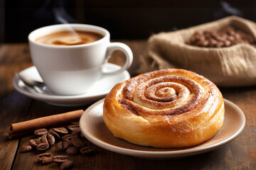 Cinnamon roll with a cup of coffee for dessert sweet food on a wooden board