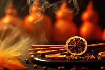 Cinnamon sticks, oranges, star anise and incense sticks on wooden table background. Aromatic winter spices