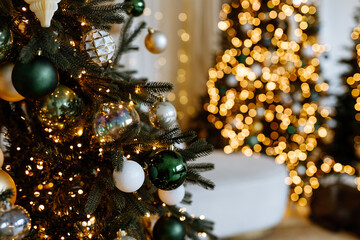 Christmas tree. Holiday interior background. close-up