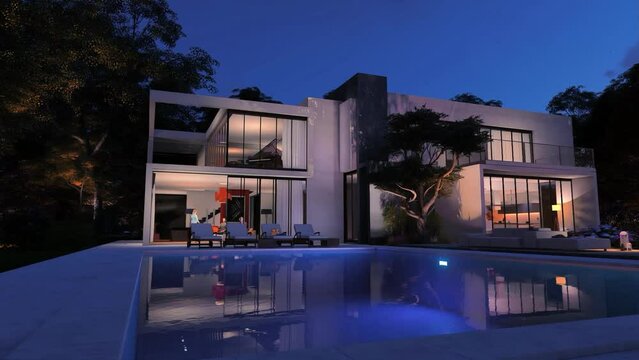 Sleek modern house  with pool and garden in the evening