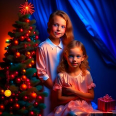 Fototapeta na wymiar Two girls in front of a Christmas tree