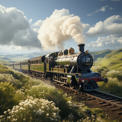 Fototapeta premium train, steam, locomotive, railway, engine, railroad, smoke, old, transport, vintage, rail, transportation, track, travel, station, steam train, retro, coal, ai