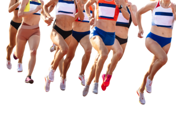 group women runners athletes running 800 metres in summer athletics, isolated on transparent background
