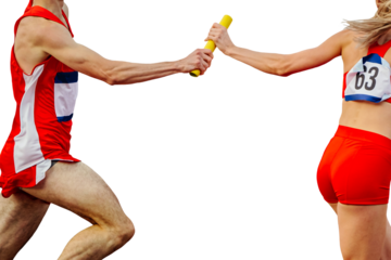 mixed track and field team running relay race 4 × 400 metres in summer athletics, isolated on transparent background