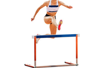 female athlete running 400 meters hurdles race in summer athletics championships, isolated on transparent background