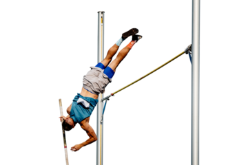 male athlete jumping pole vault in summer athletics championships, isolated on transparent background