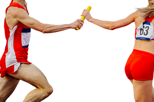 mixed track and field team running relay race 4 × 400 metres in summer athletics, isolated on transparent background
