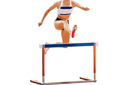 female athlete running 400 meters hurdles race in summer athletics championships, isolated on transparent background
