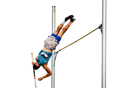 male athlete jumping pole vault in summer athletics championships, isolated on transparent background