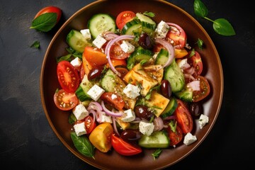 Greek Salad on wooden table top. Overhead view.
